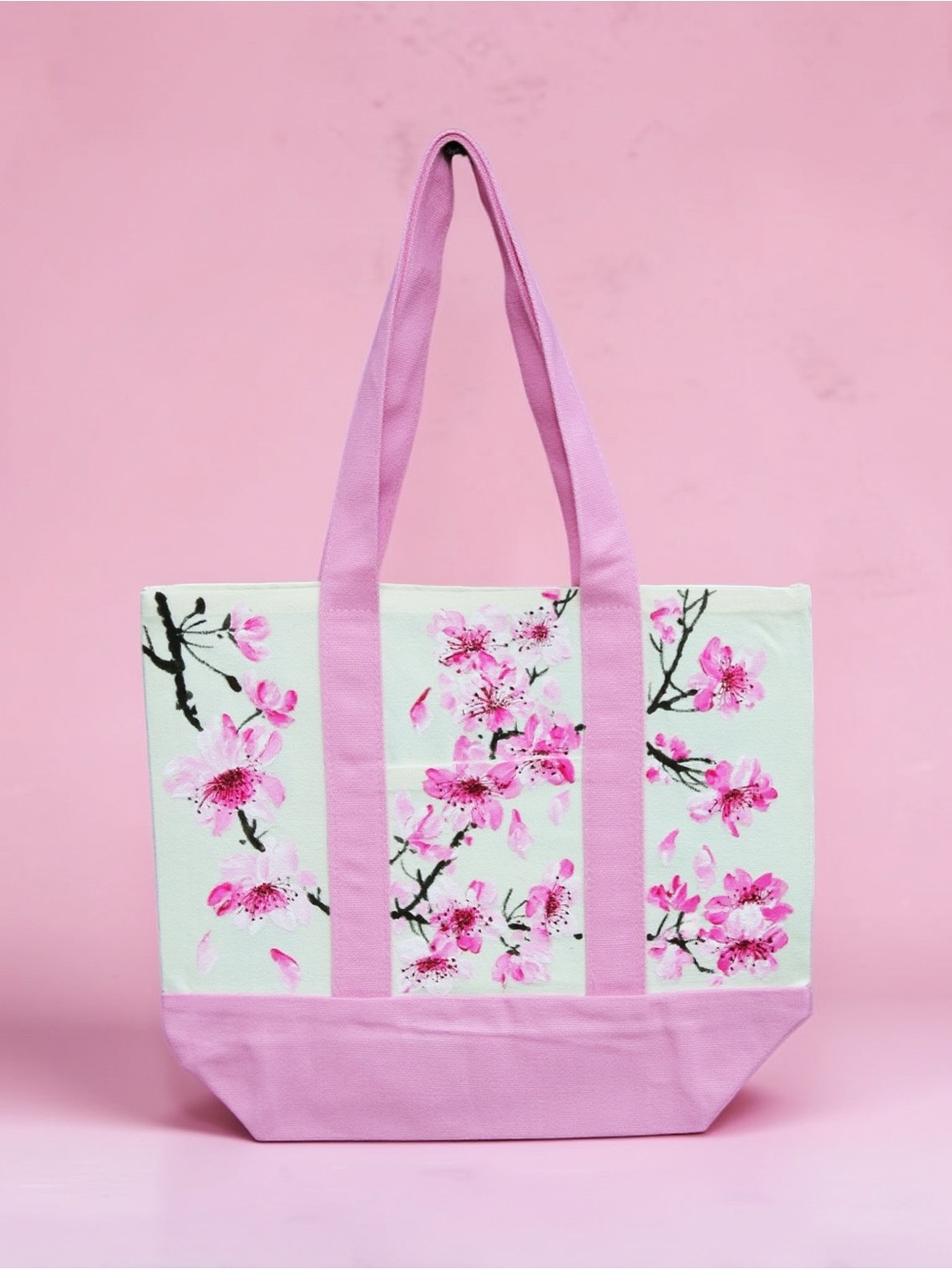 Hand Painted Cherry Blossom Small Canvas Tote Bag Pink Floral Shoulder Bag